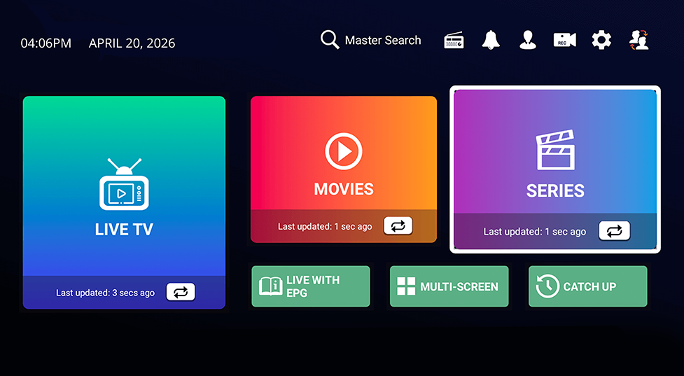 Interface de l'application IPTV Pro : direct, films et séries en IPTV 4K