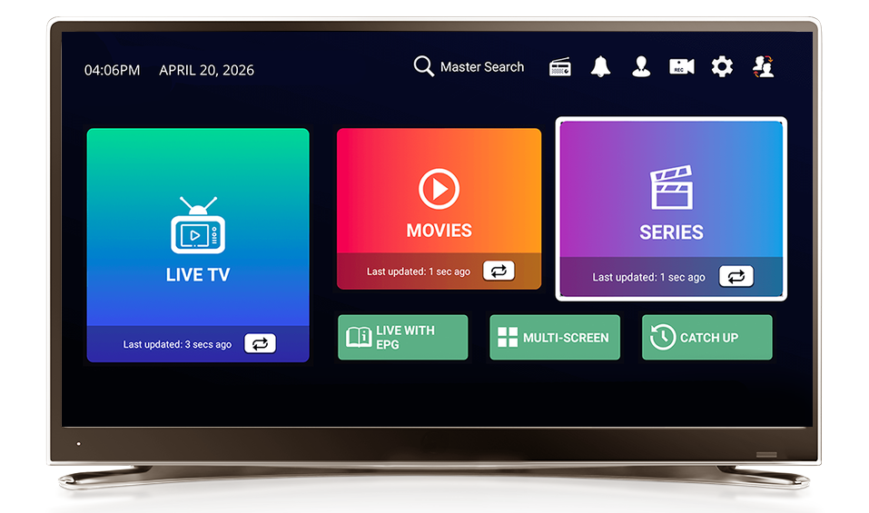 Smart TV moderne affichant l'interface d'une application IPTV avec les sections direct, films et séries